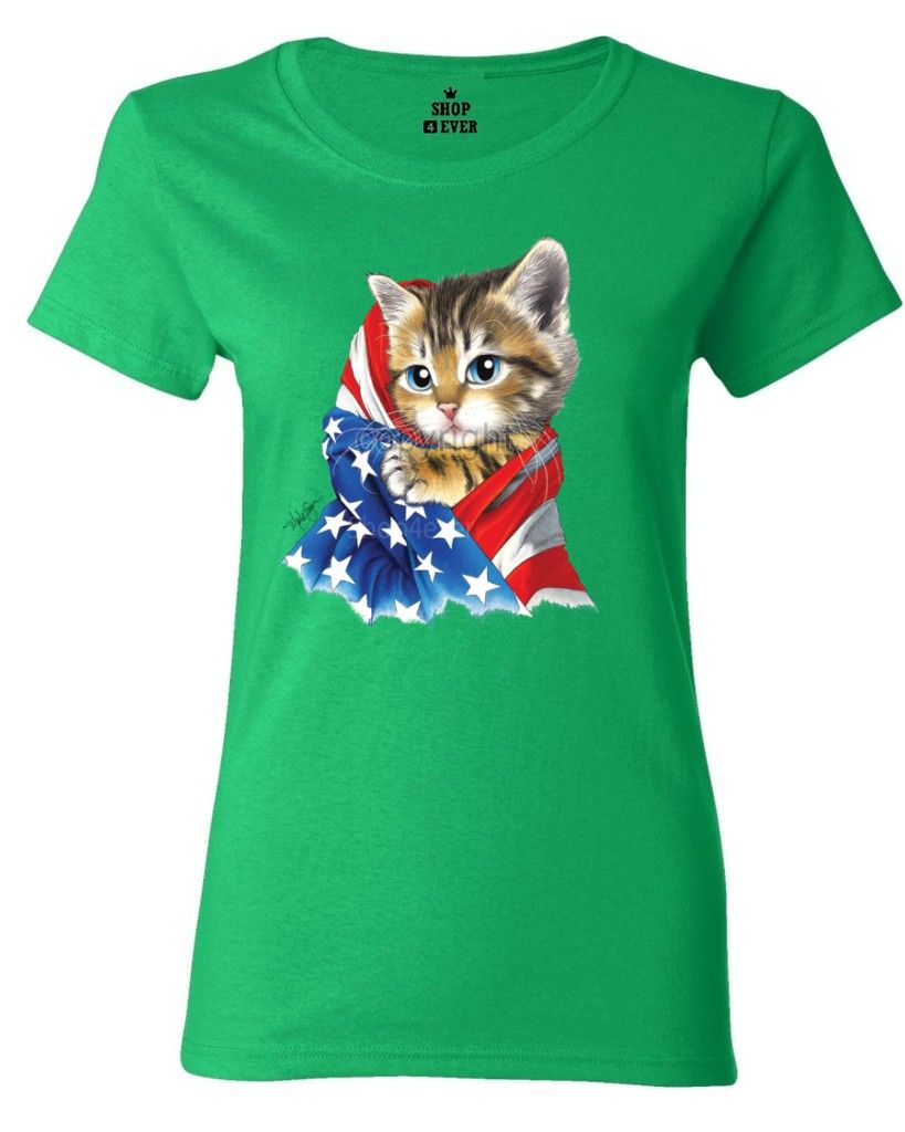 Kitty Usa Flag Womens T Shirt American Flag Cute Cat Patriotic Stars Shirts